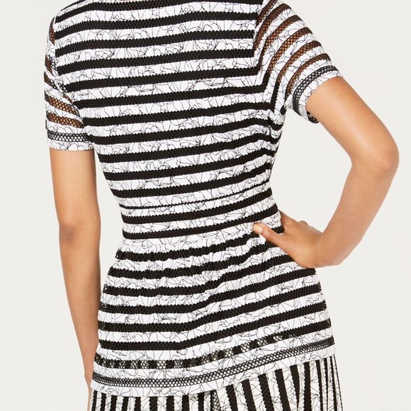 Textured Alfani Black and White Striped Tie-Waist Short-Sleeve Top - Picture 2 of 9